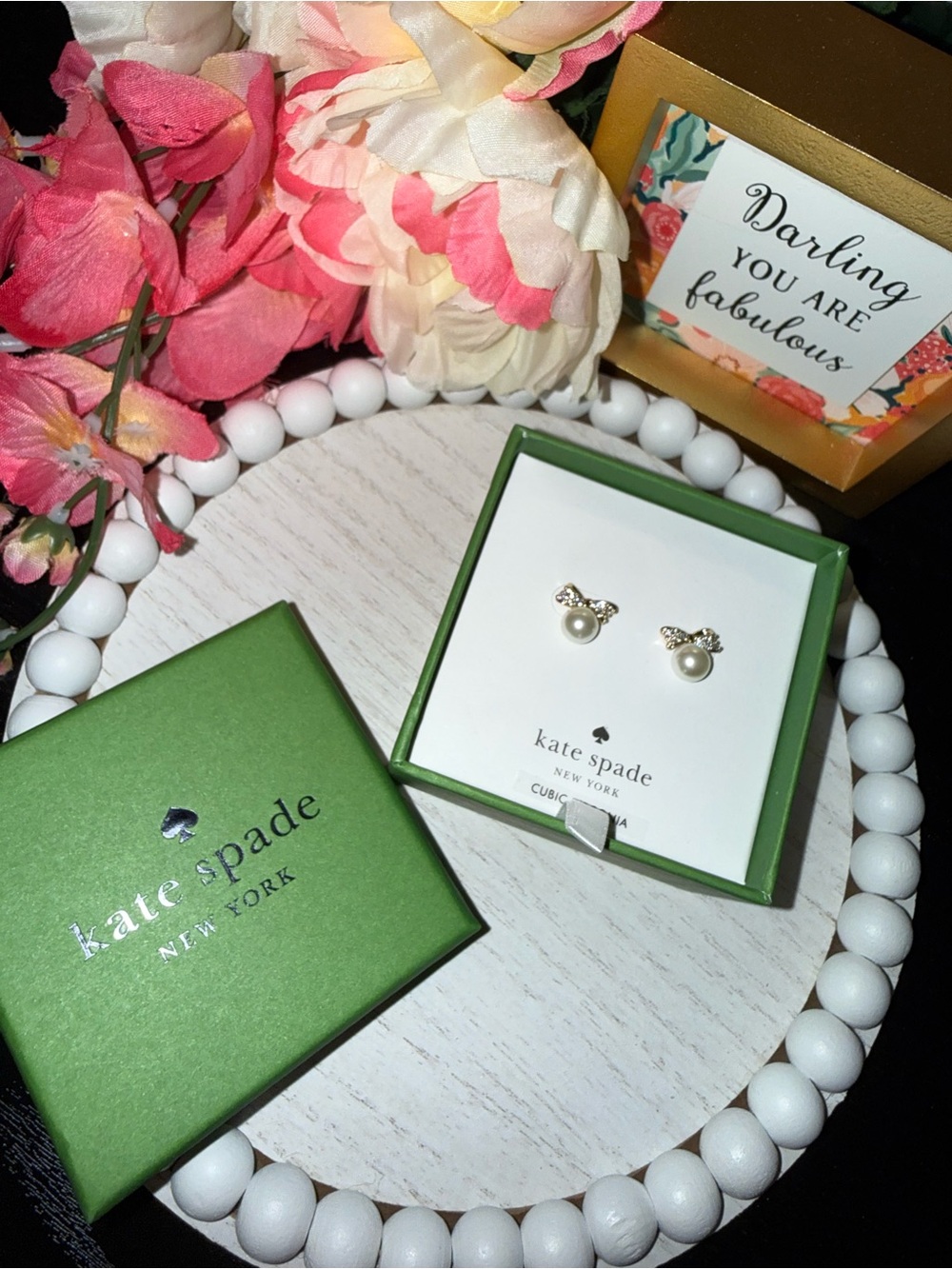 Kate Spade New York Pearl CZ Bow Stud Earrings Gold Tone w/ Box